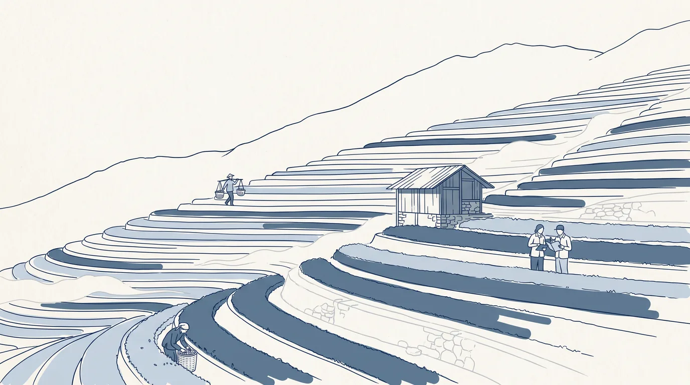 线描插画：层层茶山梯田间，几个身影正在田里劳作